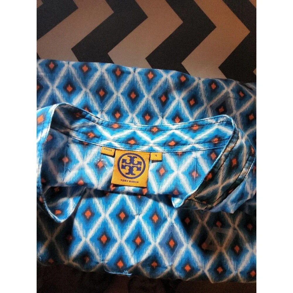 Tory Burch Size 4 Plastic Diamond Accents Blue Top Long Sleeve Boho Geometric